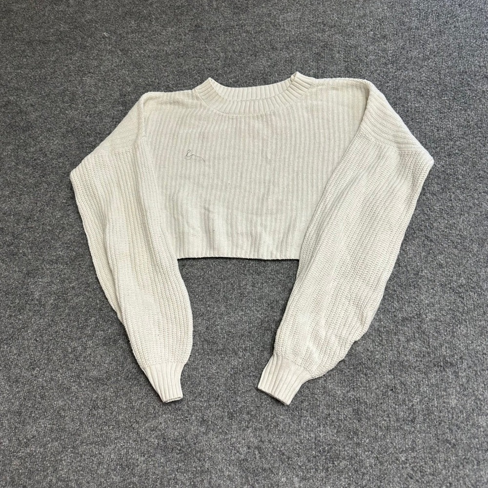 Hollister Sweater Womens Size S White Cropped Ribbed Knit Long Sleeve Pullover